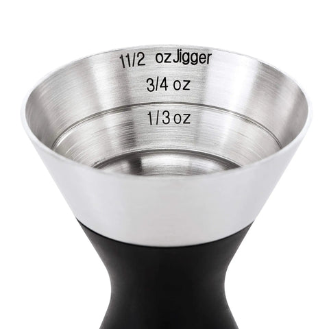 Stainless Steel Two Sided Jigger With Flip Measurements showing 1-1/2 oz, 3/4 oz, and 1/3 oz increments, soft non-slip grip