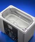 Commercial Ultrasonic Cleaner Platinum Edition 2.2 Liter Hella Tough Unit with stainless steel basket and wire rack.