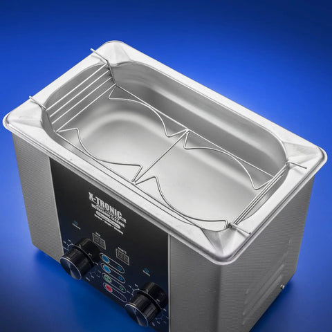 Commercial Ultrasonic Cleaner Platinum Edition 2.2 Liter Hella Tough Unit with stainless steel basket and wire rack.