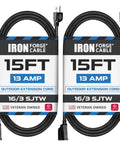 Two Pack 15 Foot Outdoor Extension Cord Sixteen Gauge Three Conductor Heavy Duty Vinyl Weatherproof 3 Prong Extension Cords