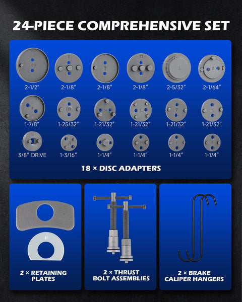 32 Piece Dual Brake Tool Set For Disc And Drum Brakes showcasing adapters, retaining plates, thrust bolt assemblies, caliper hangers.