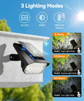 Heavy Duty Solar Spot Lights Outdoor 56 Led With 14 Lenses IP65 Waterproof 3 Modes showing 3 lighting modes and solar panel.