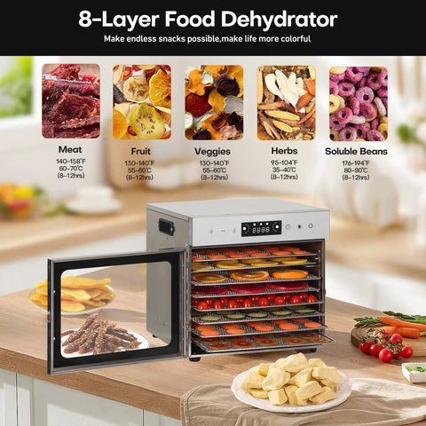 No Fuss Stainless Steel Food Dehydrator For Pulling Perfect Jerky Fruits Veggies Herbs 8 Roomy Trays with open door and trays loaded.