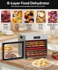 Big Time Eight Tray Stainless Steel Food Dehydrator Machine For Beef Jerky Dried Fruits Vegetables Herbs And Homemade Dog Treats No Fuss Quick Dry Performance with open door showing jerky.