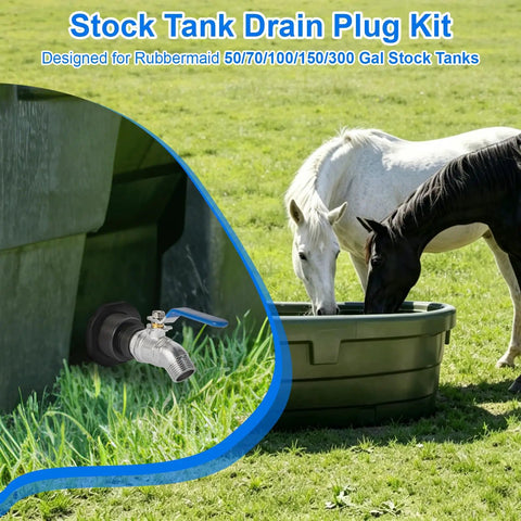 Stock Tank Drain Plug Kit Compatible With Popular Rubbermaid Stock Tanks 50, 70, 100, 150, 300 Gallon with hose connector