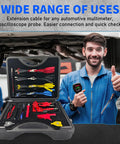 Pro Grade 76 Piece Automotive Test Lead Kit For Multimeters And Electrical Troubleshooting with tool case and mechanic in background