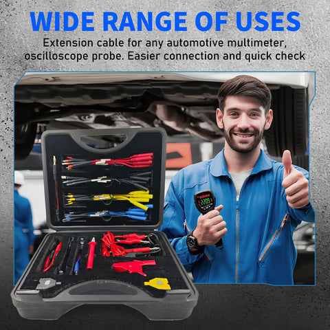 Pro Grade 76 Piece Automotive Test Lead Kit For Multimeters And Electrical Troubleshooting with tool case and mechanic in background