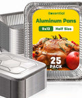 Heavy Duty 9x13 Aluminum Pans With Lids, 25 Pack Disposable Foil Bakeware, Deep Half Size Pans with a roast chicken image.
