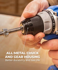 Close-up of the all-metal chuck and gear housing of Top Shelf 20 Volt Cordless Compact Power Drill With Kicksome Torque And One Half Inch Keyless Chuck For Tough Diy Chores Variable Speed Switch Plus Dual Range Gearbox And Bright Led Work Lamp Badass Bare Tool Setup.