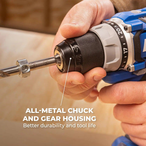 Close-up of the all-metal chuck and gear housing of Top Shelf 20 Volt Cordless Compact Power Drill With Kicksome Torque And One Half Inch Keyless Chuck For Tough Diy Chores Variable Speed Switch Plus Dual Range Gearbox And Bright Led Work Lamp Badass Bare Tool Setup.
