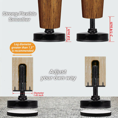Heavy Duty 3/8-16 UNC Leveling Feet With 2 Inch Base Diameter For Tables Chairs Cabinets And Sofas, 1600 Lb Load Capacity, Black Finish, 4 Pack shown in different adjustment angles with size measurements for furniture leveling.
