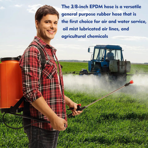 Man using Three Eighths Inch EPDM Garden Hose 100 Ft Heavy Duty Sprayer Hose 200 Psi Kink Resistant All Purpose in field