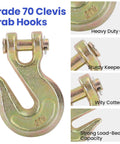 Grade 70 Clevis Grab Hook with zinc plated yellow chromate finish, featuring heavy-duty G70 build, sturdy keeper pin, and strong load capacity.