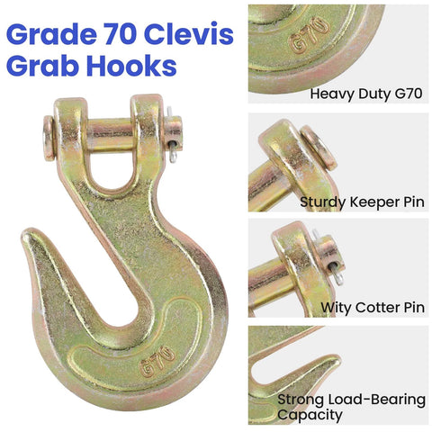 Grade 70 Clevis Grab Hook with zinc plated yellow chromate finish, featuring heavy-duty G70 build, sturdy keeper pin, and strong load capacity.