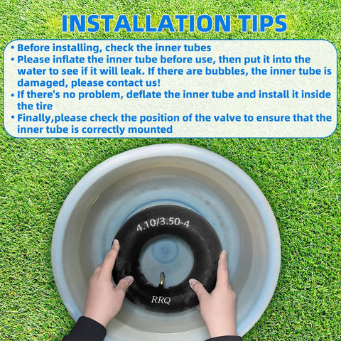 Person holding Two Pack 4.10/3.50-4 inner tube with TR-87 bent valve stem over water for leak test, installation tips displayed above