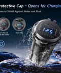 Upgrade Your Daily Whip With This Four Port 12V USB Car Charger Featuring Bright LED Voltmeter And Dual PD30W QC18W Fast Charging Ports Crafted From Rugged Aluminum Alloy For Every Cruiser Setup, showing protective cap for dust and water.