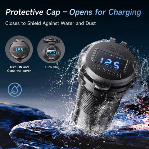 Upgrade Your Daily Whip With This Four Port 12V USB Car Charger Featuring Bright LED Voltmeter And Dual PD30W QC18W Fast Charging Ports Crafted From Rugged Aluminum Alloy For Every Cruiser Setup, showing protective cap for dust and water.