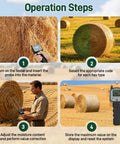 Portable Hay Moisture Meter With Backlit Display And Probe, Fast And Precise Readings From 0 To 80 Percent, About Half Percent Error, Handy On The Go For Bales And Forage Like Alfalfa And Orchard Grass. operation steps graphic for hay bale moisture testing