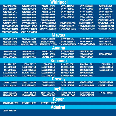 Compatibility chart for Lid Lock Assembly For Washing Machine 3 Wire Replacement Fits Whirlpool Maytag Amana Kenmore.