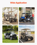 Four golf carts equipped with Four 205/50-10 Golf Cart Wheels And Tires Set With 10 Inch Aluminum Alloy Rims, black finish, in various settings