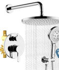 Wall Mounted Rainfall Shower System With 10 Inch High Pressure Head, Multifunction Handheld, Rough-In Valve And Trim Kit
