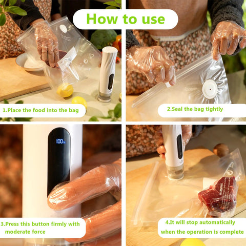 Steps to use Compact Handheld Vacuum Sealer For Food Storage With 80kPa Suction 1800mAh Battery shown in four images