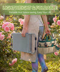 Person holding folded 2-In-1 Garden Kneeler And Work Seat That Converts Between Kneeling And Sitting in a rose garden