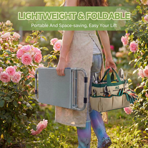 Person holding folded 2-In-1 Garden Kneeler And Work Seat That Converts Between Kneeling And Sitting in a rose garden