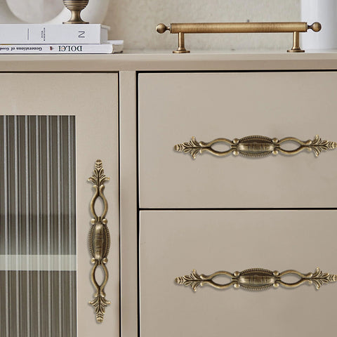Antique Bronze Cabinet Pulls 6.3 Inch 160mm Vintage Style Drawer Knobs installed on beige cupboard and dresser