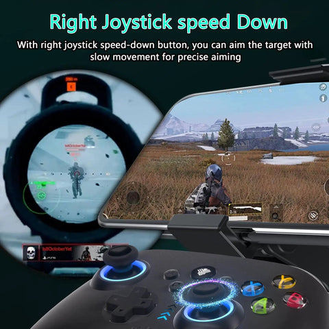 Ultimate Wireless Game Controller With Hall Effect Joysticks, showing right joystick speed down feature in gaming scenario.