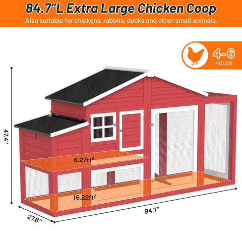 Backyard Chicken Coop For 4 To 6 Hens, 84.7 Inch Long Outdoor Hen House With Nesting Box, All Weather Roof, Leakproof Tray, Red