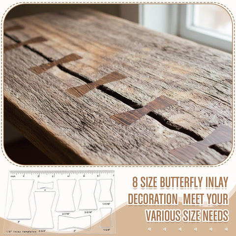 All In One Router Template Kit For DIY Woodworking with bowtie inlay templates on wooden surface close-up view