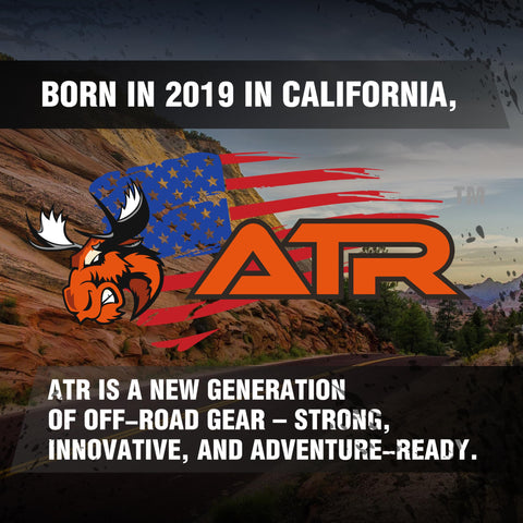 ATR logo with American flag and rugged terrain, representing off-road gear brand established in 2019 in California, with moose graphic.