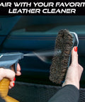 PAIR WITH YOUR FAVORITE LEATHER CLEANER text, Leather Cleaning Brush With Horsehair Bristles For Car Interior And Home Use, Gently Scrubs Leather Seats Dash And Upholstery, Ergonomic 6.5 Inch Handheld Tool Gray
