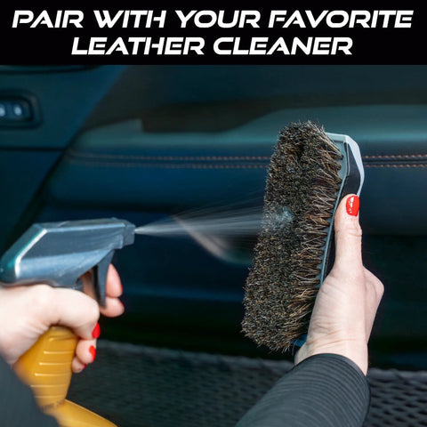 PAIR WITH YOUR FAVORITE LEATHER CLEANER text, Leather Cleaning Brush With Horsehair Bristles For Car Interior And Home Use, Gently Scrubs Leather Seats Dash And Upholstery, Ergonomic 6.5 Inch Handheld Tool Gray