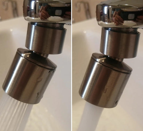 Total Game Changer Brushed Nickel Faucet Extender With 360 Degree Swivel And Dual Flow Spray Nozzle, showing dual flow output.