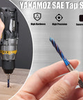 Hand holding a spiral flute tap next to a drill in action, labeled as Yakamoz SAE Tap Set, illustrating high precision and durability.