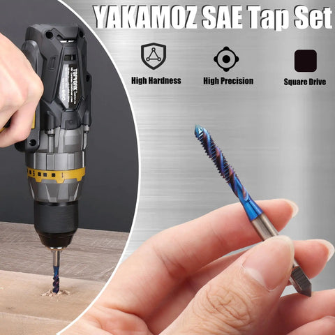 Hand holding a spiral flute tap next to a drill in action, labeled as Yakamoz SAE Tap Set, illustrating high precision and durability.