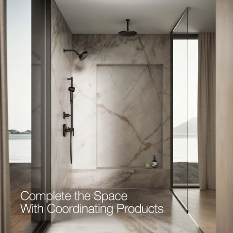 Modern bathroom with Matte Black Single Function Hand Shower With Hourglass Spray Pattern Delivers Consistent 2.5 GPM Rinse