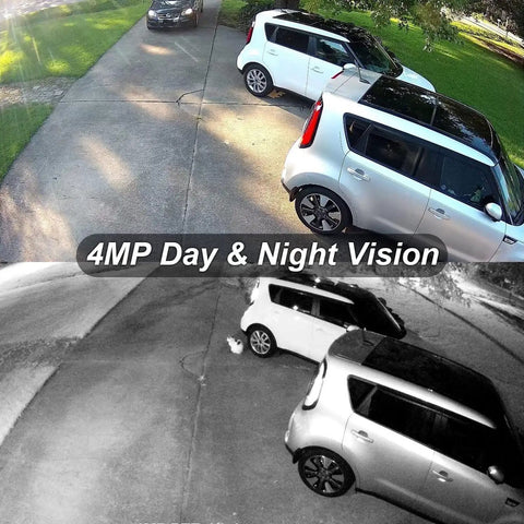 Comparison of day and night vision from 4MP PoE IP Dome Camera With Built In Microphone For Indoor Outdoor Surveillance, 98ft Night Vision, IP66 Weatherproof, 2.8mm Wide Angle Lens, 24/7 Recording, NDAA Compliant, Wired Security Cam.
