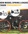 Spring Loaded Chain Tensioner Kit for 49cc 50cc 66cc 80cc 2 Stroke Motorized Bicycle Black With Roller Iron Wheel Included Replacement Part Direct Fit For Common Gas Powered Bikes displayed on bicycle