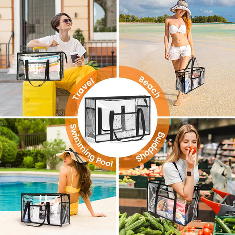 Clear Beach Tote Bag See Through PVC Waterproof Design Stadium Approved For Women Extra Large Transparent Shoulder Bag