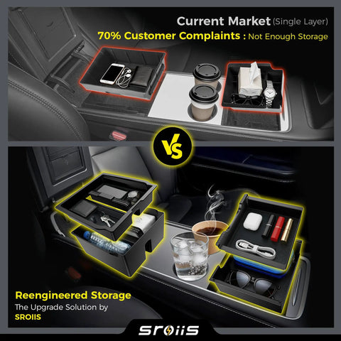 Comparison of single-layer vs Gen 2 Must-Have Double Layer Center Console Organizer For Tesla Model Y in use