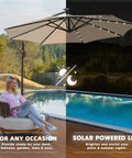 10ft Solar LED Offset Patio Umbrella With Cantilever Design Beige Shade 32 LED Lights over poolside with person relaxing