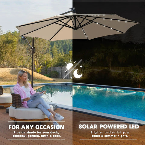 10ft Solar LED Offset Patio Umbrella With Cantilever Design Beige Shade 32 LED Lights over poolside with person relaxing