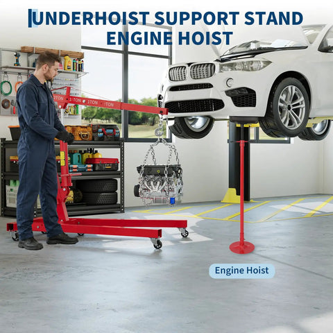 Built Different 2 Ton Folding Engine Hoist Paired With 3 4 Ton Under Hoist Support Stand featuring adjustable boom in garage.
