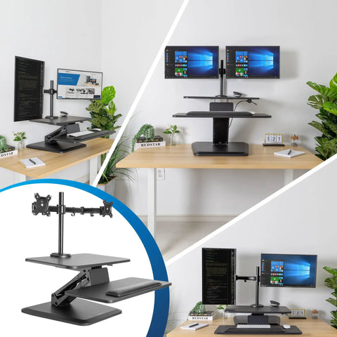 Standing Desk Converter With Dual Monitor Mount And Large Keyboard Tray, Sit Stand Riser, home office setup, black