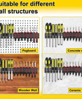 Heavy Duty Screwdriver And Pliers Organizer Wall Mount Rack For Garage Workshop Pros Metal Tool Holder Storage Rack Space Saving Vertical Organizer For Tool Chest And Cart Rust Resistant Steel displayed on pegboard, concrete, wooden, and ceramic tile walls.