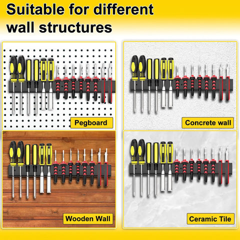 Heavy Duty Screwdriver And Pliers Organizer Wall Mount Rack For Garage Workshop Pros Metal Tool Holder Storage Rack Space Saving Vertical Organizer For Tool Chest And Cart Rust Resistant Steel displayed on pegboard, concrete, wooden, and ceramic tile walls.