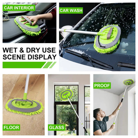 62 Inch Adjustable Car Wash Brush Kit With Long Handle Chenille Microfiber Scrub Mitt And Sponge in various cleaning scenarios